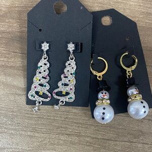 Holiday Christmas Tree & Snowman Dangle Earrings - Silver & White